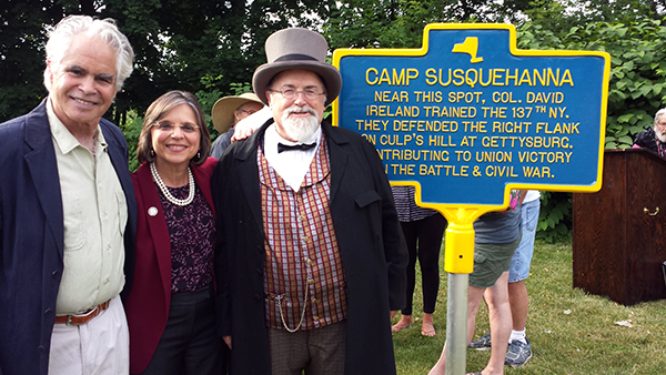 Author and Historian David Cleutz, New York State Assemblywoman Donna Lupardo and Jay Purdy of the GBPA Board of Directors next to the newly-dedicated marker honoring the 137th New York Volunteer Infantry.